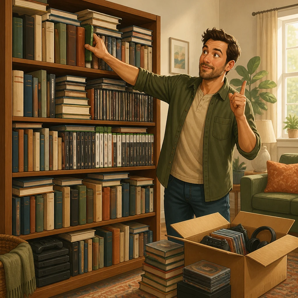 A puzzled homeowner tries to add a book to shelves overflowing with books, DVDs, CDs, and video games, then gets an idea to make space.