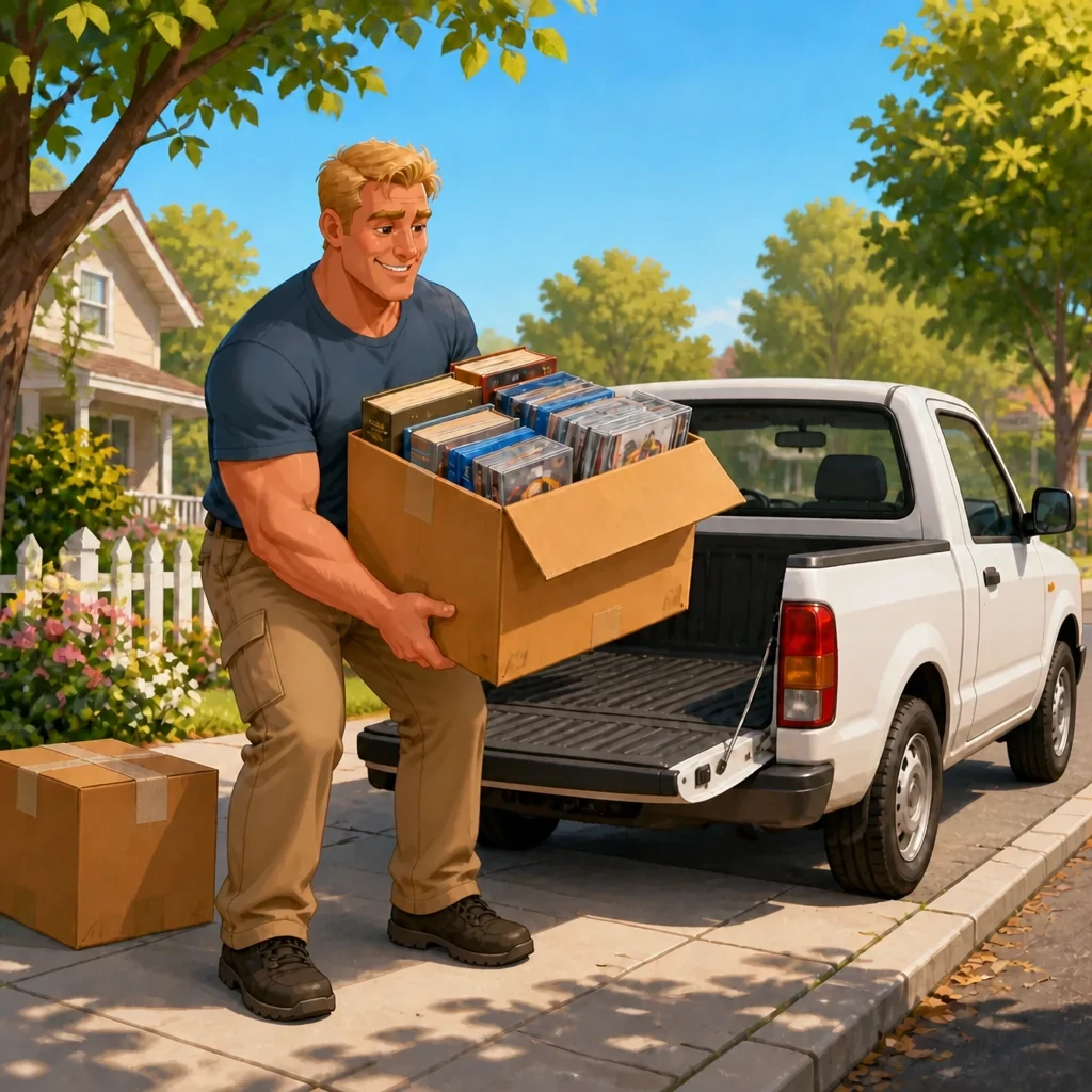 A smiling blond man lifting a box of books, DVDs, CDs, and video games beside the open bed of a small white pickup truck, with both feet on the ground.
