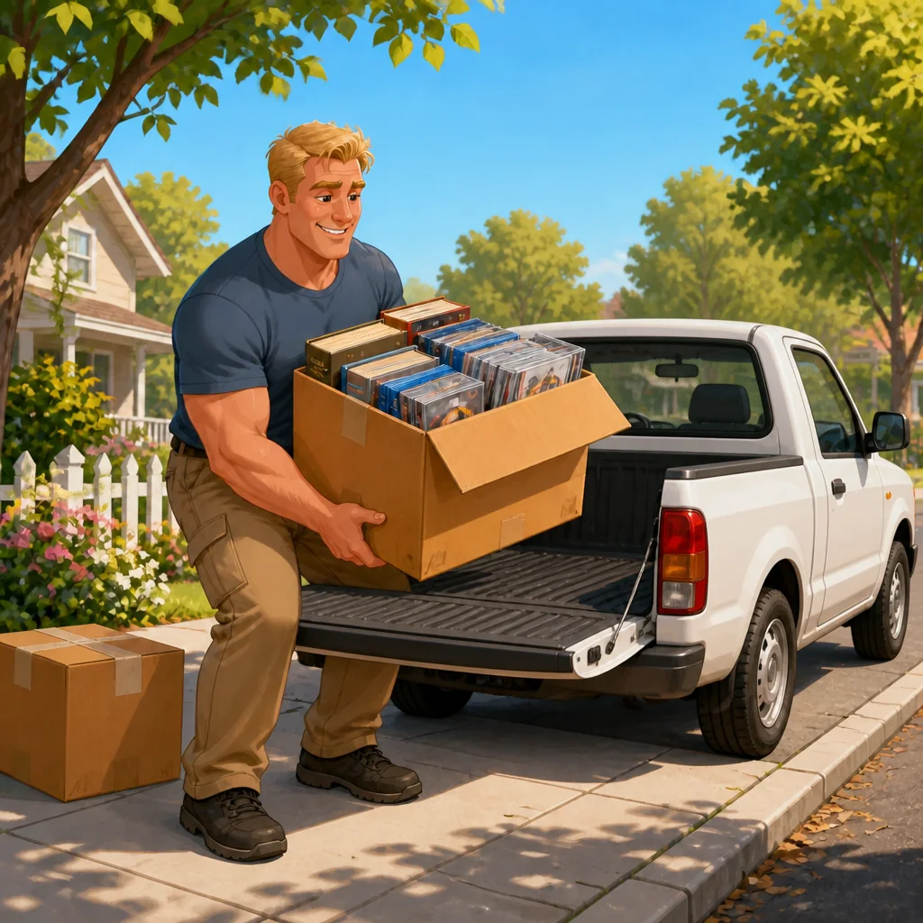 A smiling blond man lifting a box of books, DVDs, CDs, and video games into the open bed of a small white pickup truck.