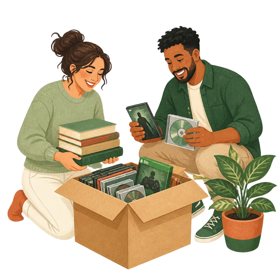 Two smiling people happily placing books, DVDs, and CDs into a box to pass them along.